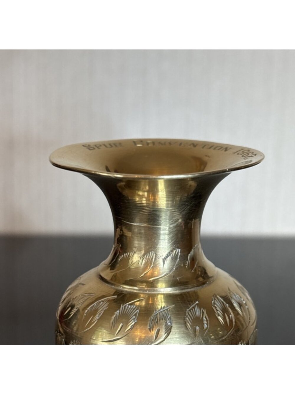 Vintage Brass Bud Vase Etched Floral Spur Honor Society Convention 60s 5" India - Picture 5 of 9